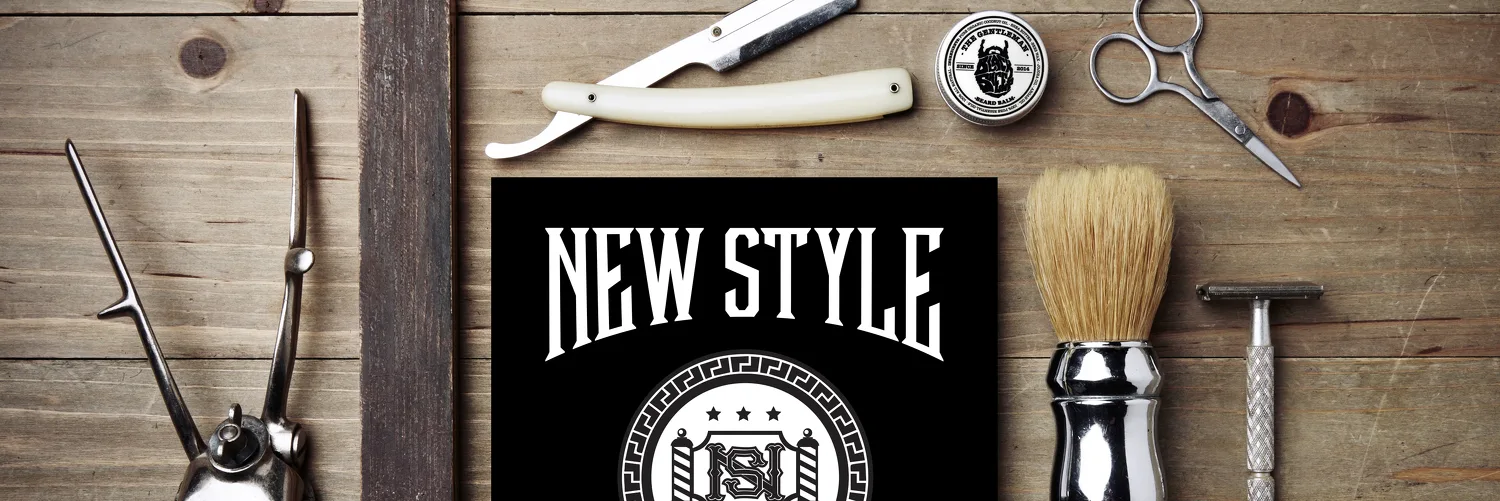 New Style branded card surrounded by barber tools